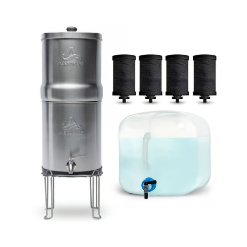 Alexapure Pro stainless steel water purification system with gravity-fed filter and blue water storage container.