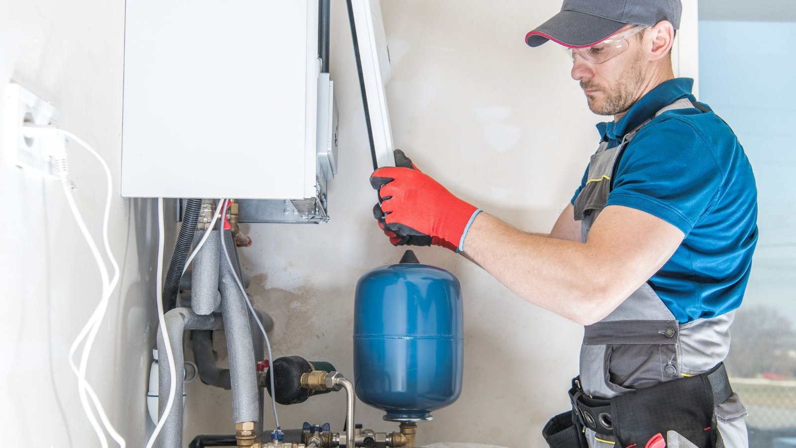 Indoor vs outdoor tankless water heater technician inspecting wall-mounted unit with expertise and precision.