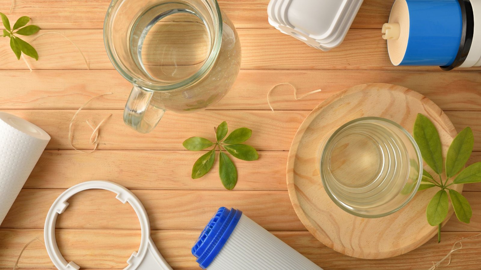 Reverse osmosis water filtration setup showcasing glass jug, filters, and natural decor for purity.