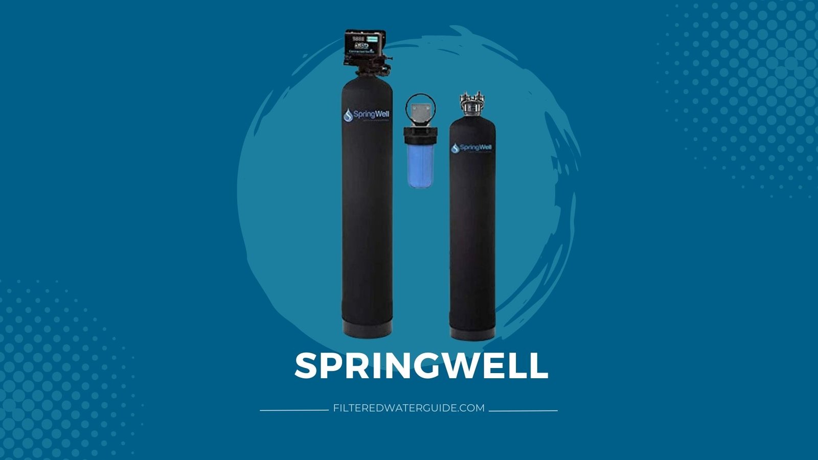 Springwell whole home filtration system featuring sleek black units with digital control and blue filter.