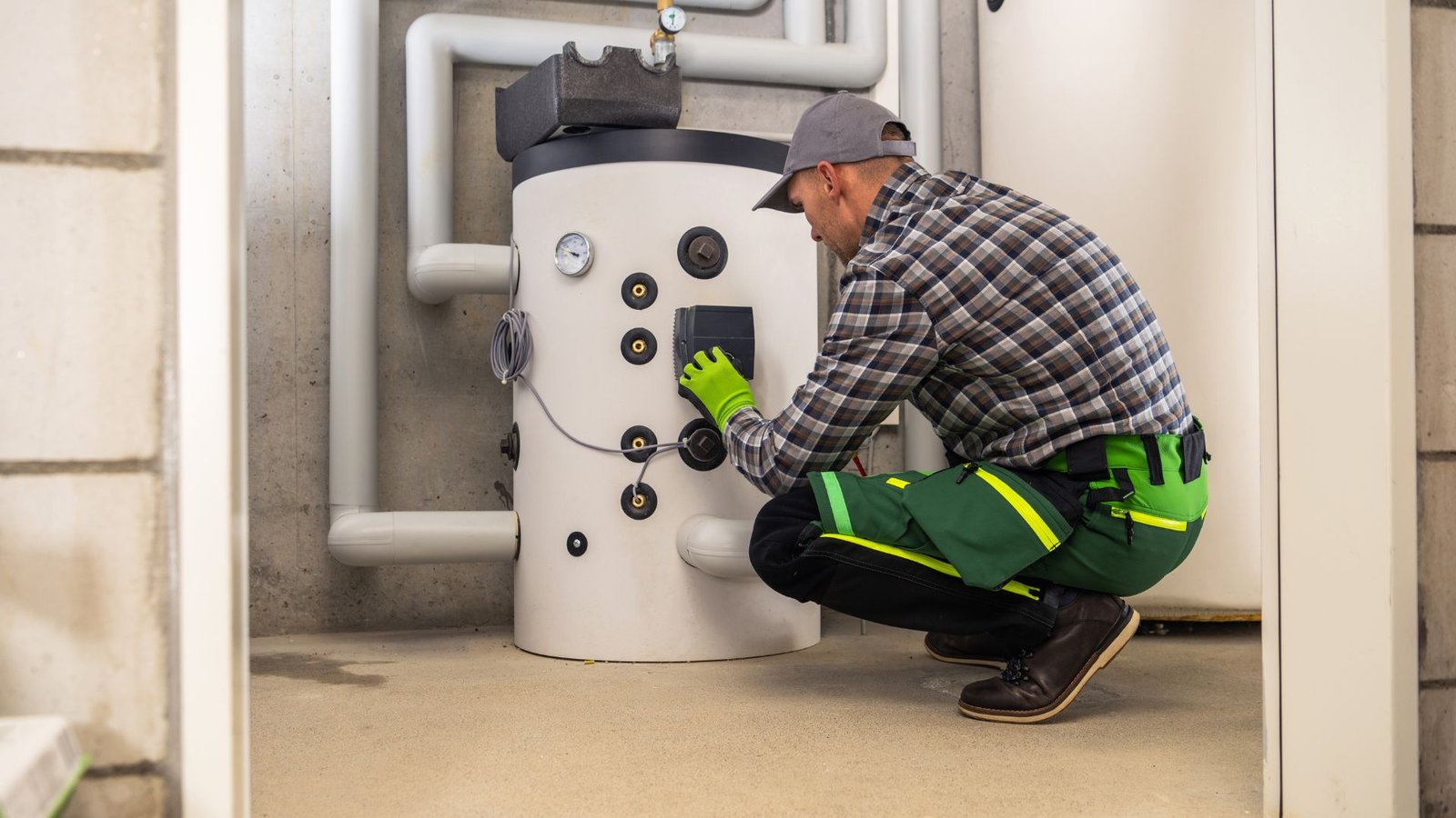 Water heater maintenance task with man adjusting controls on a large cylindrical tank in utility room.