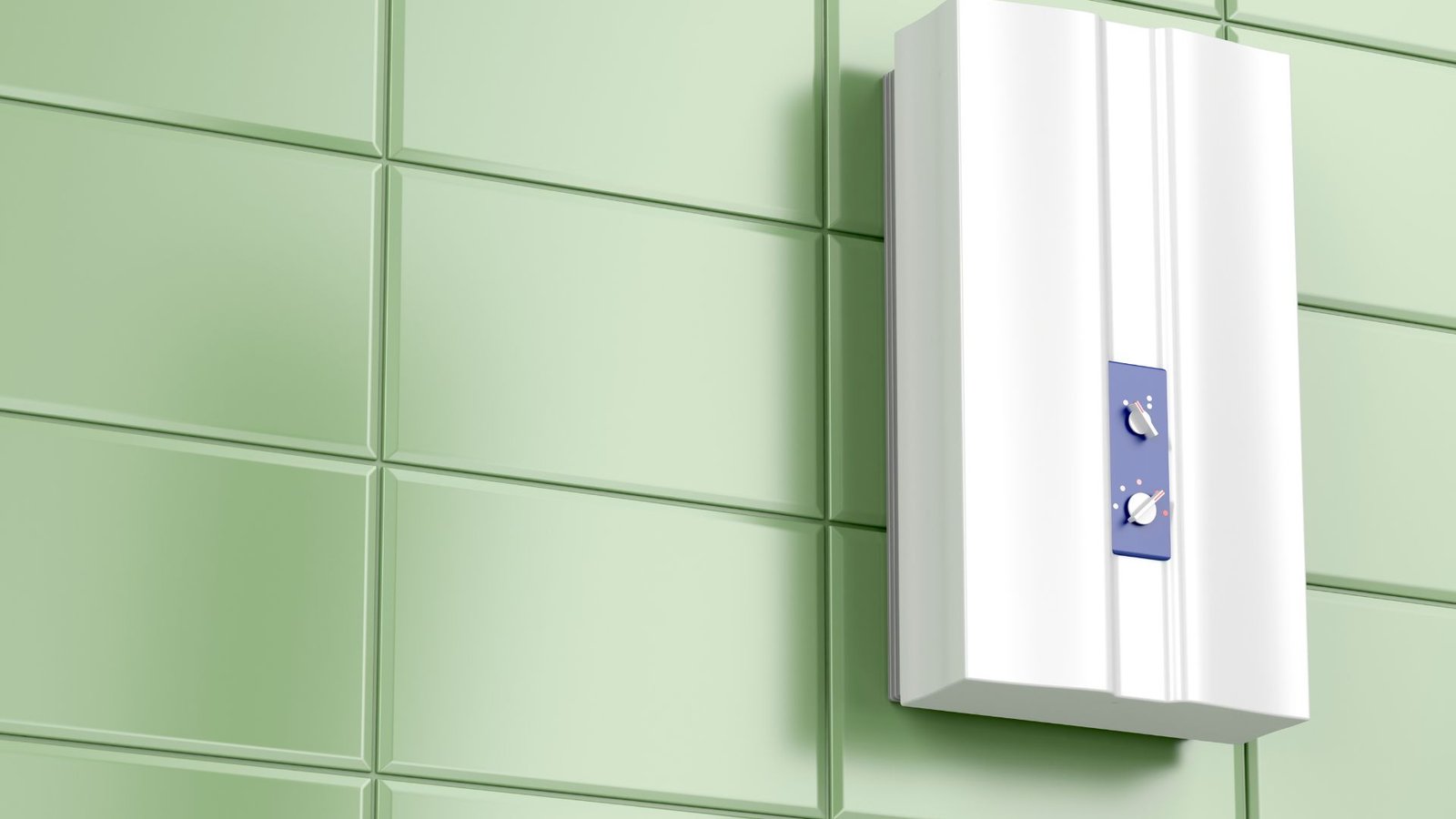 Water heater modern minimalist design with blue control panel on pastel green tiled wall.