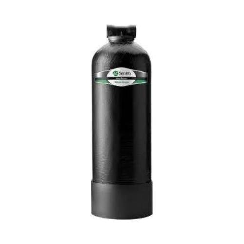 Water softener unit with glossy black finish, featuring brand label and modern cylindrical design.