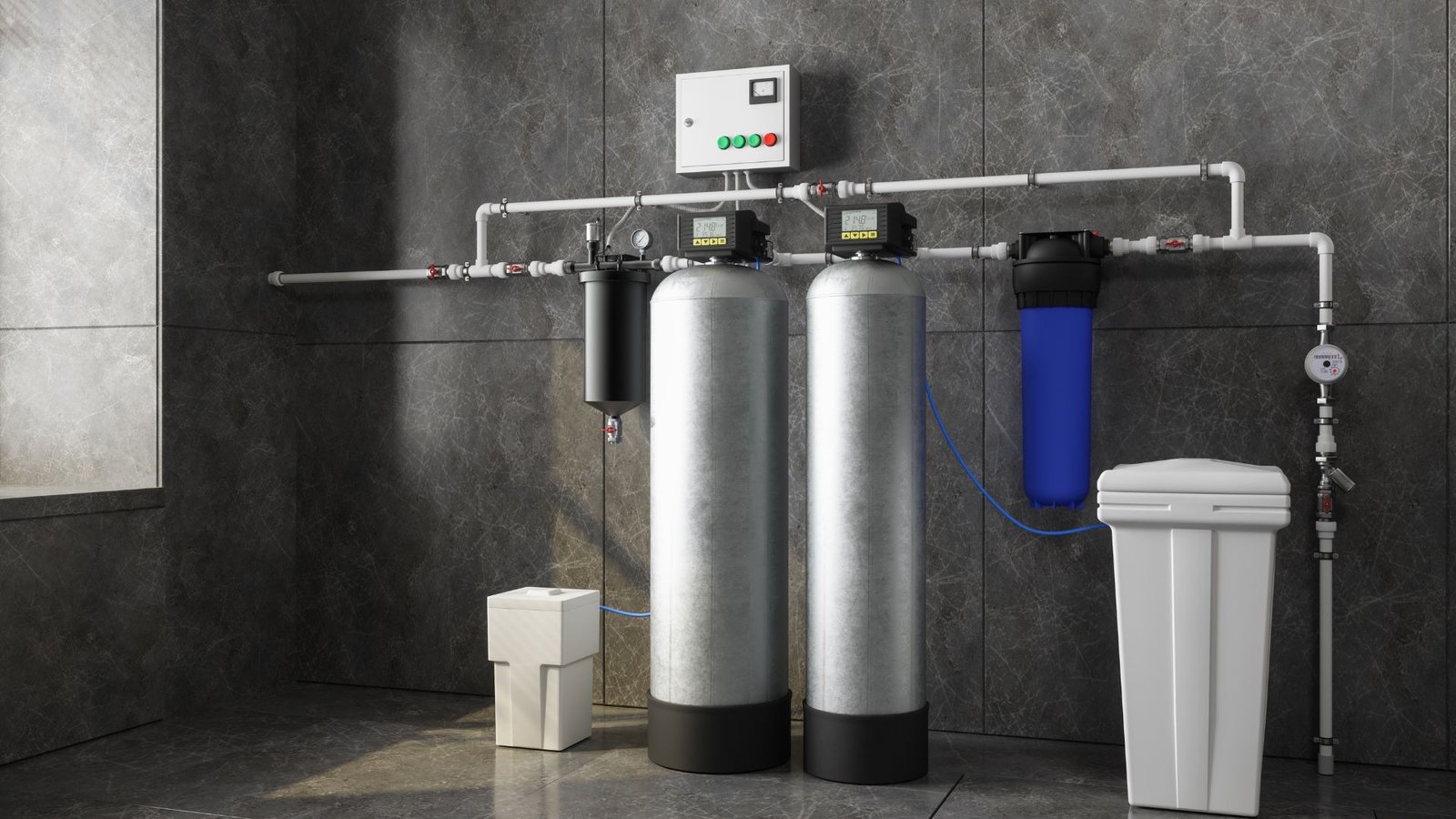 Water softener installation showcasing industrial water filtration system with stainless steel tanks and control panel.