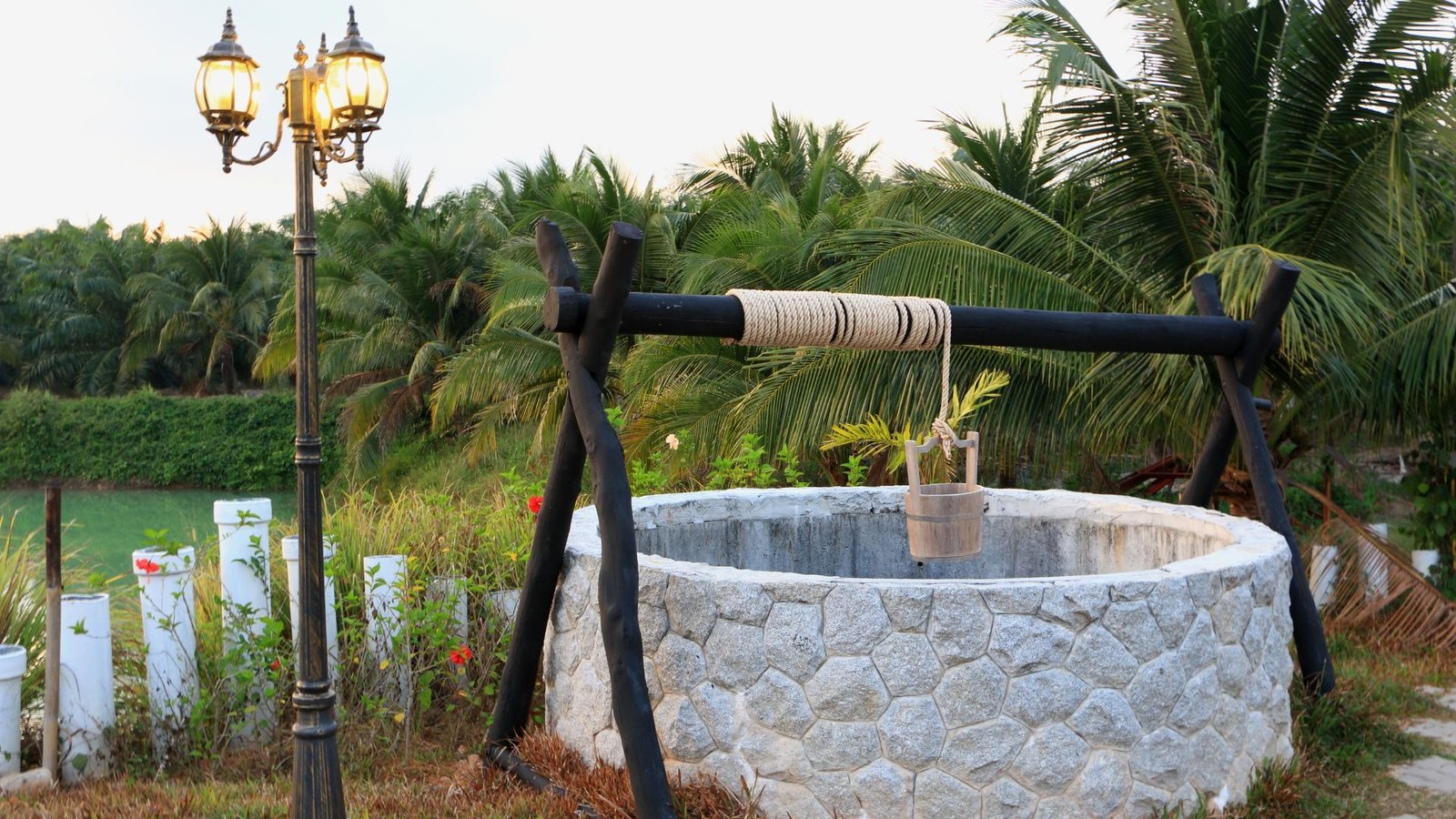 Best Well Water Filter scenic stone well with vintage lamp and lush palm grove in tranquil countryside.