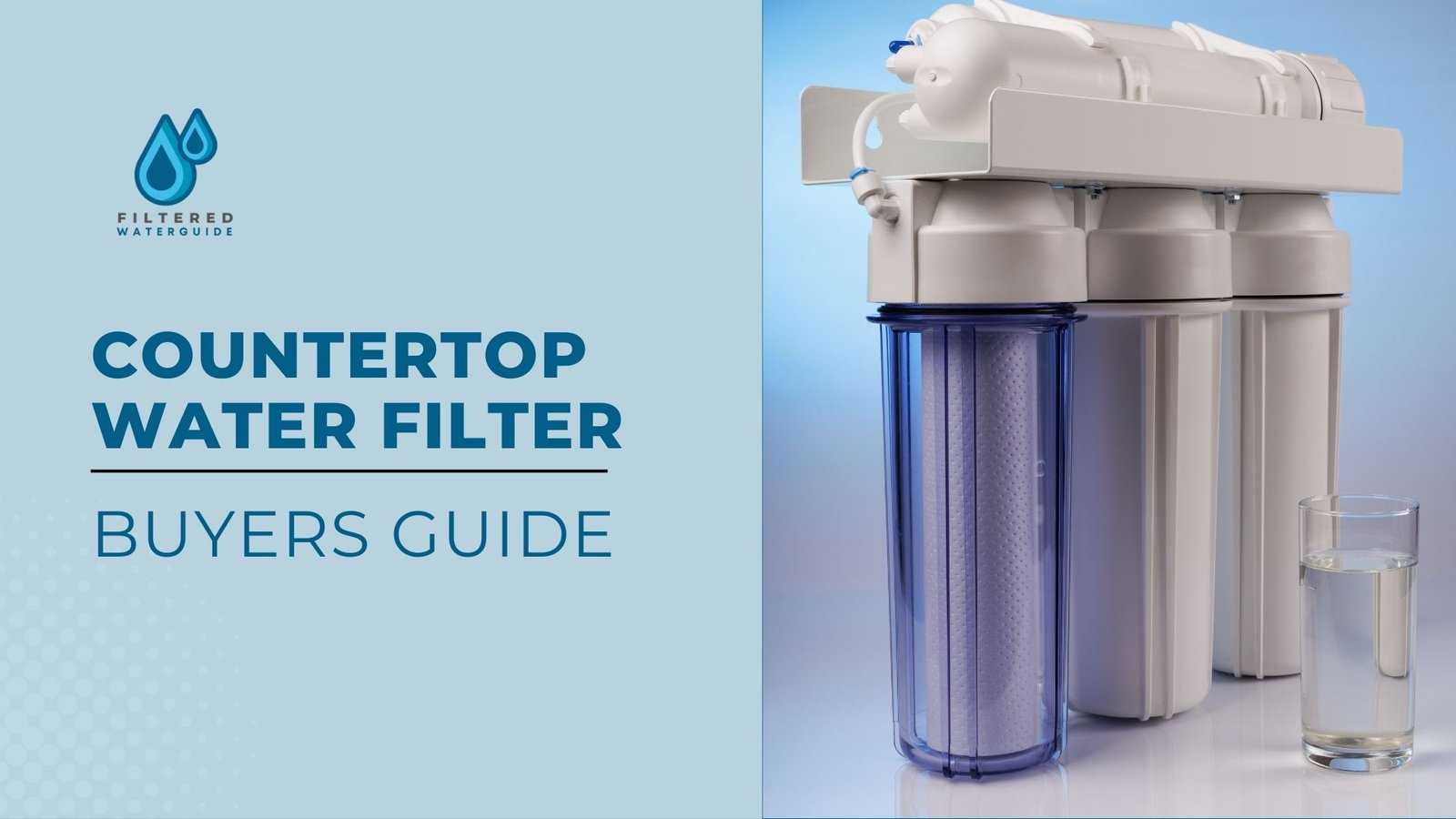 Countertop water filter buyers guide with modern filtration system and glass of clean, refreshing water.