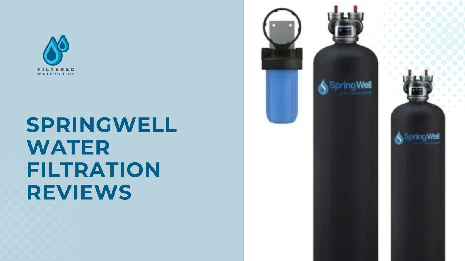 Springwell Water Filtration Systems showcasing advanced black tanks and blue filter cartridge with logo branding.