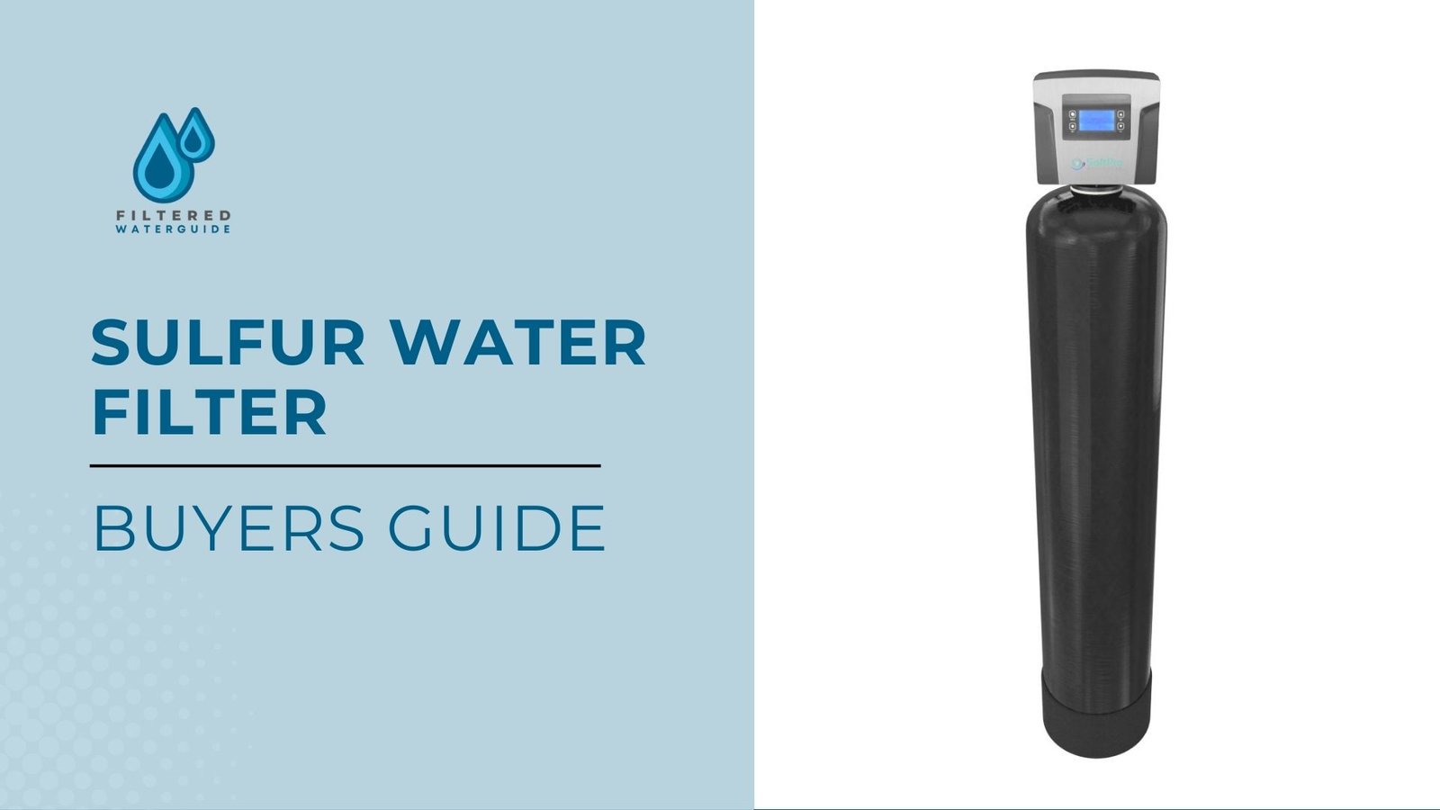 Sulfur water filter buyers guide with sleek, black filter unit and control module for home use.