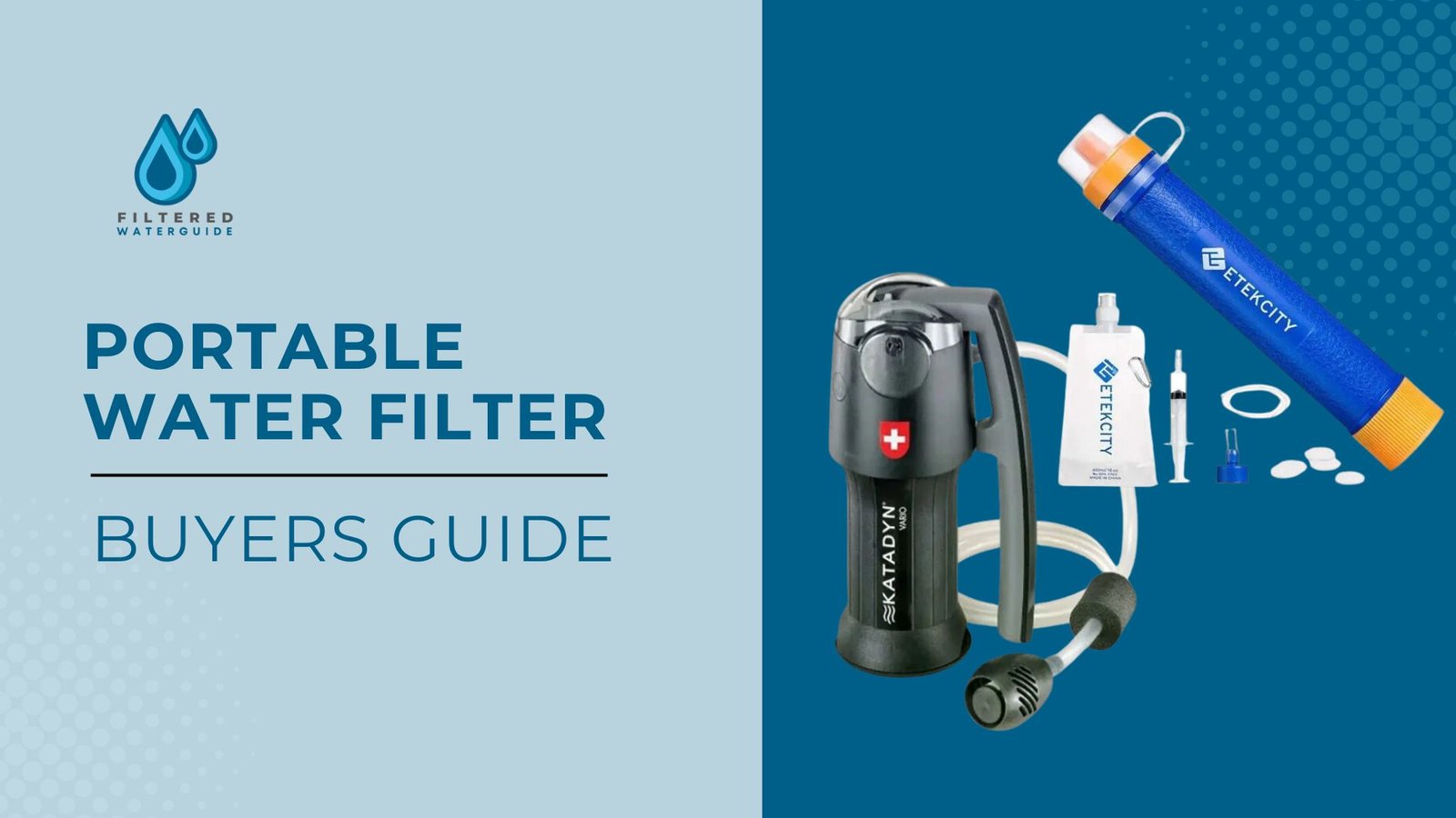 Portable Water Filter guide featuring Katadyn pump and straw-style filter with visual product comparisons.