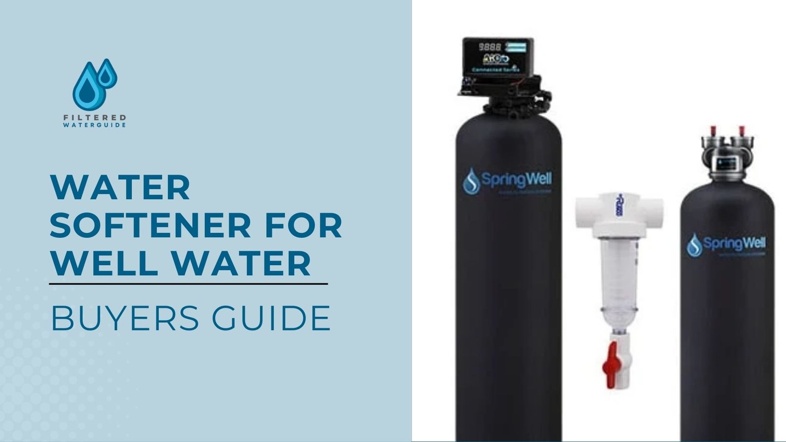 Water Softener For Well Water Buyers guide featuring SpringWell water treatment components and sediment filter.