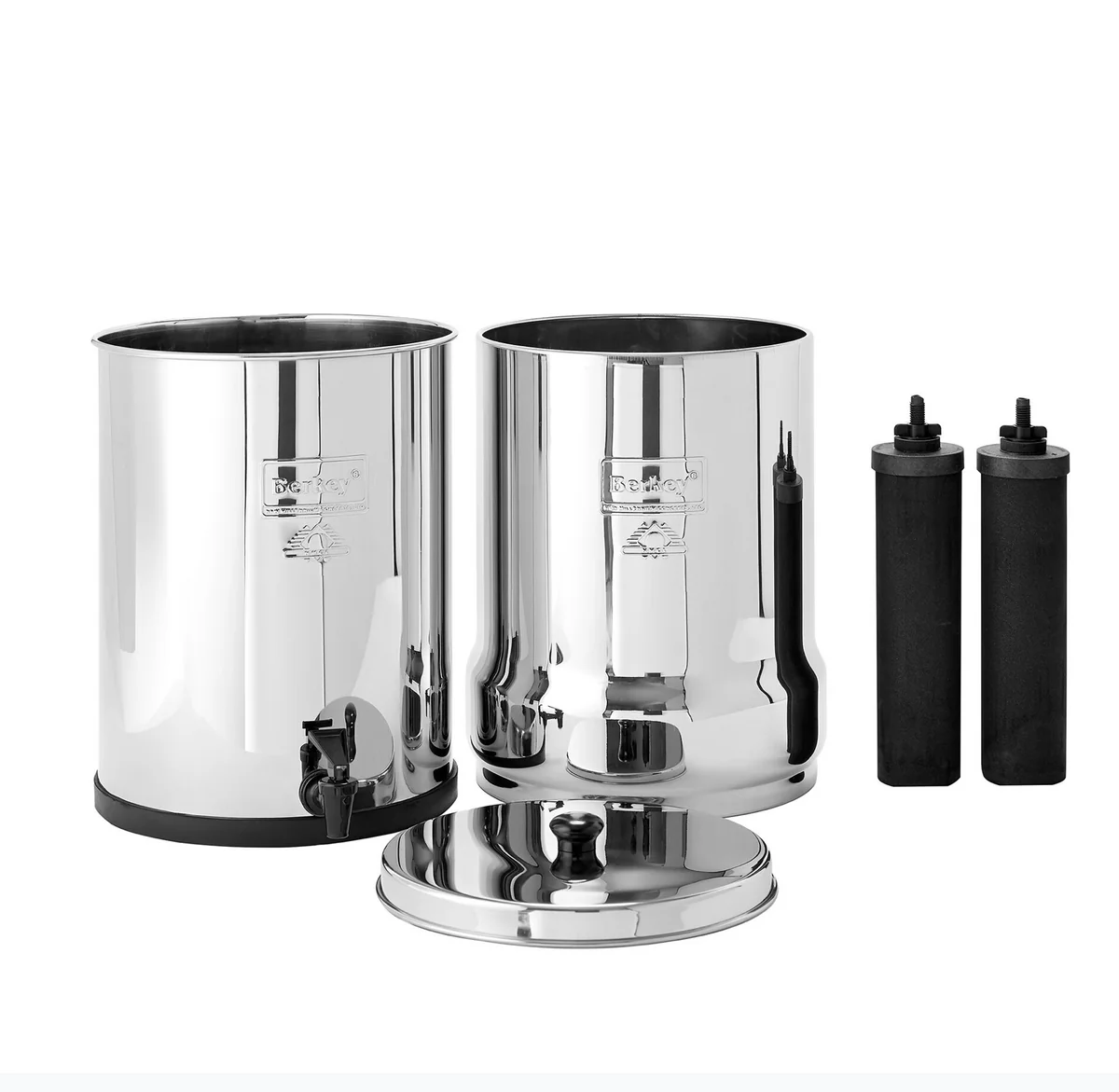 Berkey water filters display with polished stainless-steel design, black spigots, and matte filtration elements.