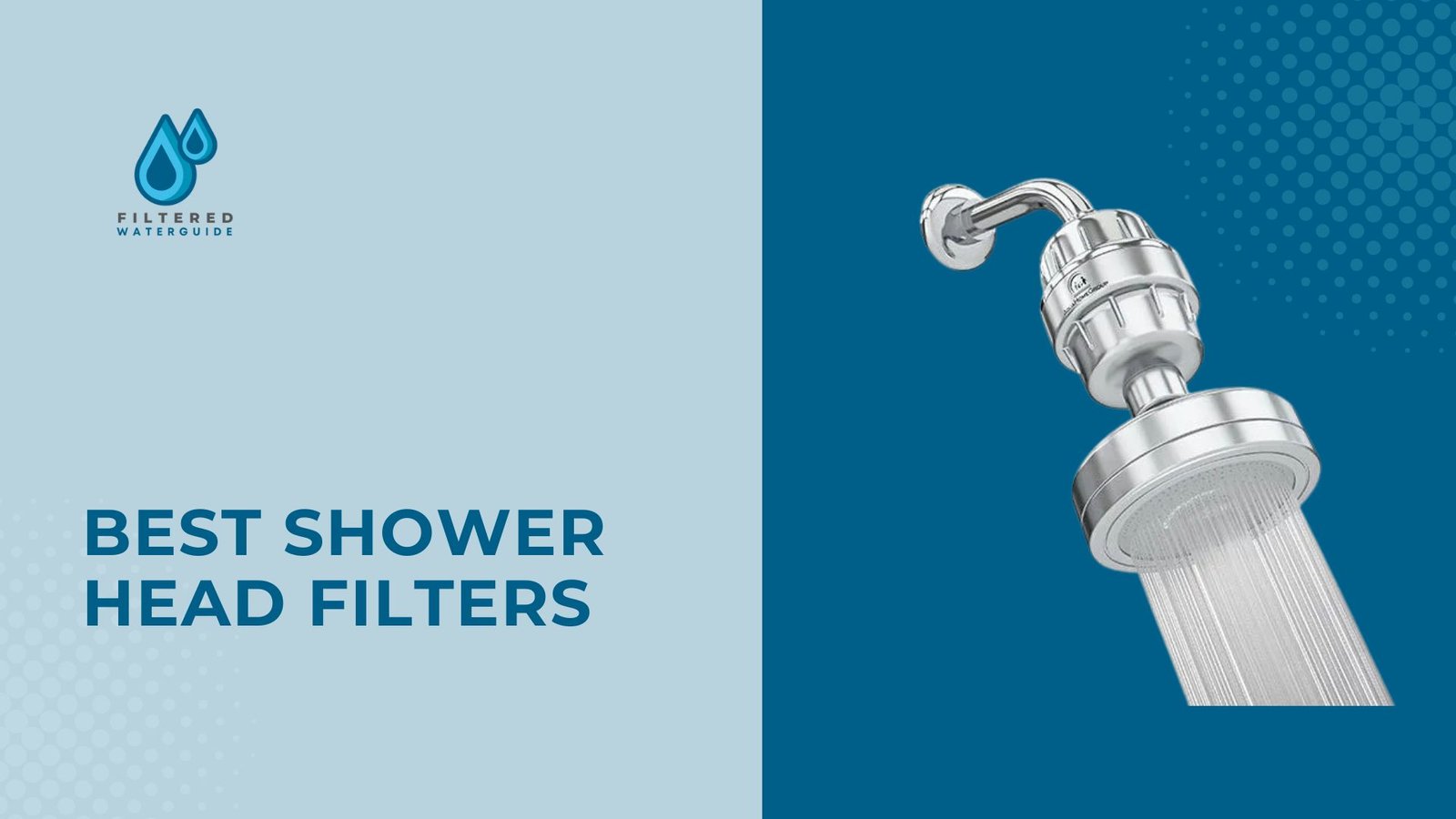 Best shower filters featuring sleek, polished shower head with gentle water stream on blue background.