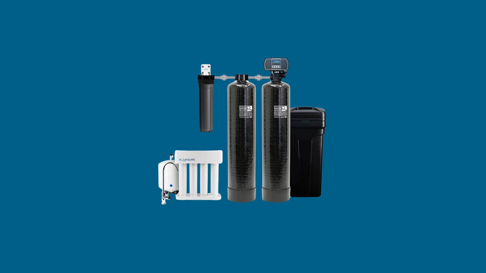 Best water softeners system featuring dark filtration tanks, brine tank, sediment filter, and reverse osmosis unit.