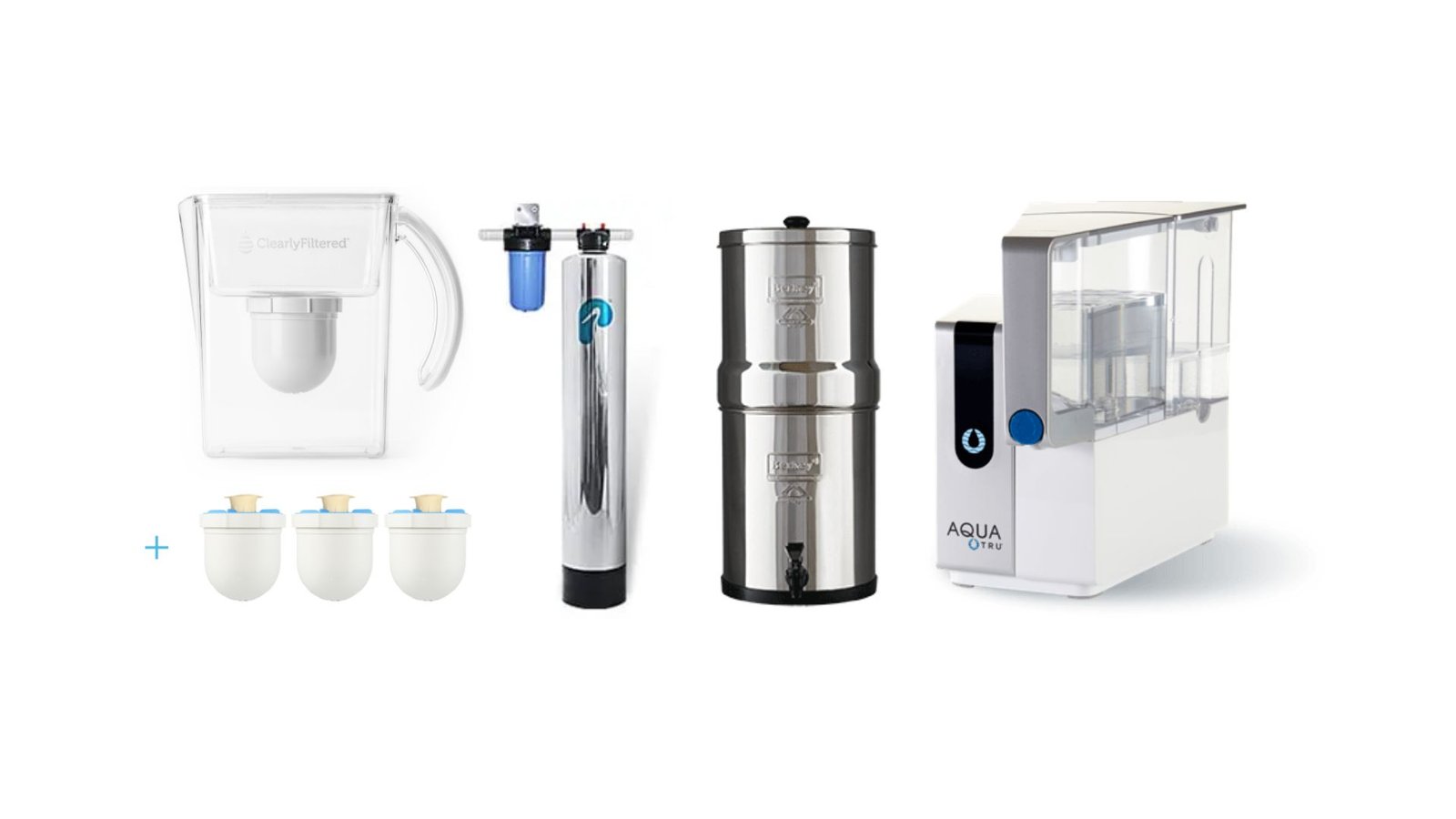 Fluoride water filter variety showcasing five distinct models for home use and advanced filtration needs.