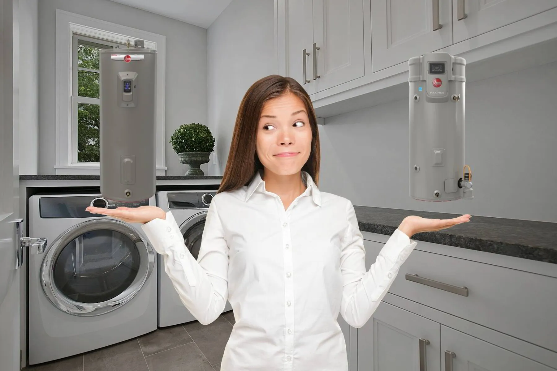 Gas vs Electric Tankless Water Heaters comparison with woman contemplating choice in modern laundry room.