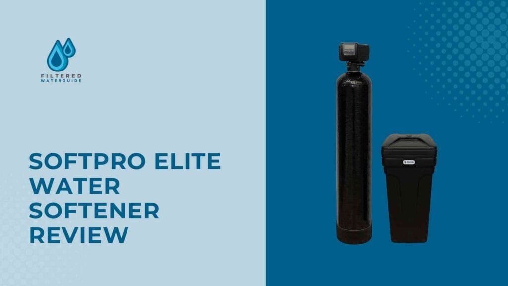 Softpro Elite water softener detailed review with sleek black resin and brine tanks on blue background.