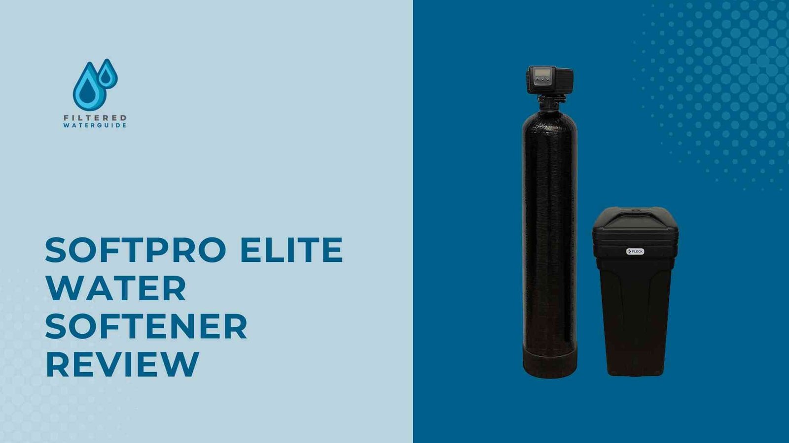 Softpro Elite water softener detailed review with sleek black resin and brine tanks on blue background.