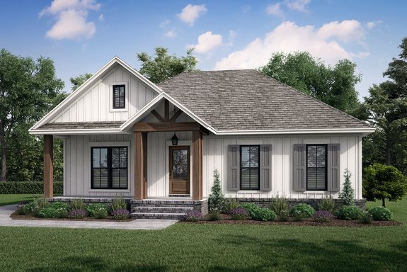 Tankless water heater compact cottage with modern design, lush landscape, and blue sky backdrop.