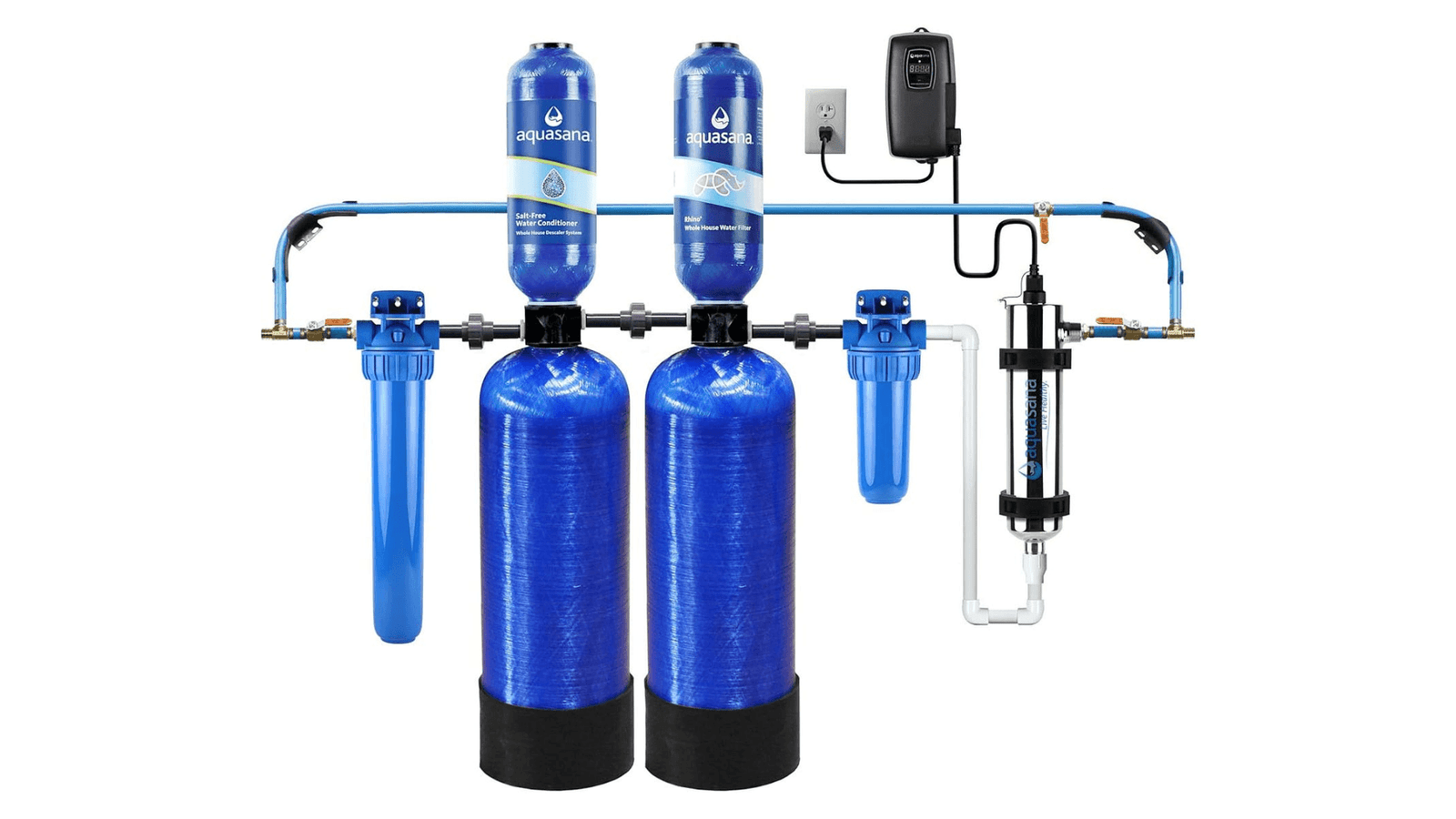 Water filtration system with dual blue tanks, UV light chamber, and electronic control unit for purification.