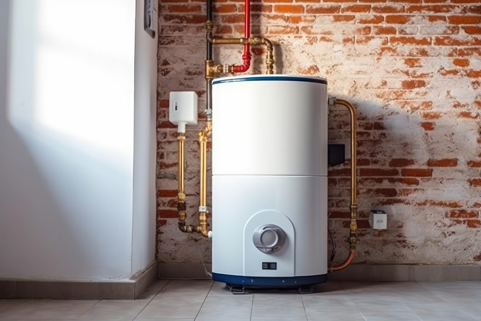 Water heater heat up time modern setup showcasing sleek design, efficient copper piping, and rustic brick wall.