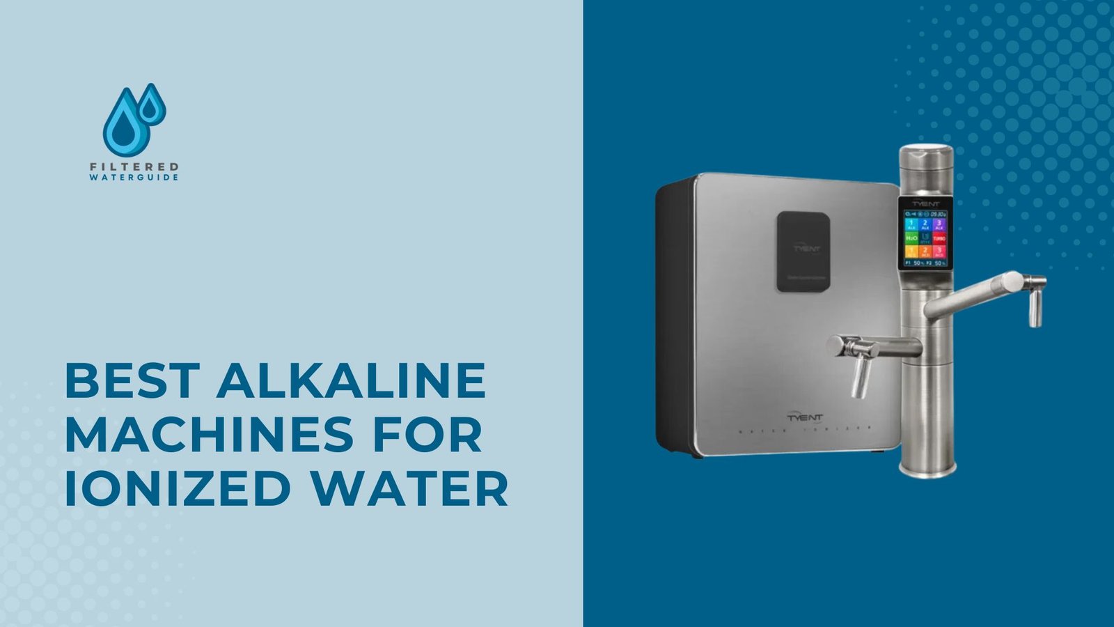 water-ionizer High-tech silver alkaline water machine with digital display and metallic faucet against blue background.