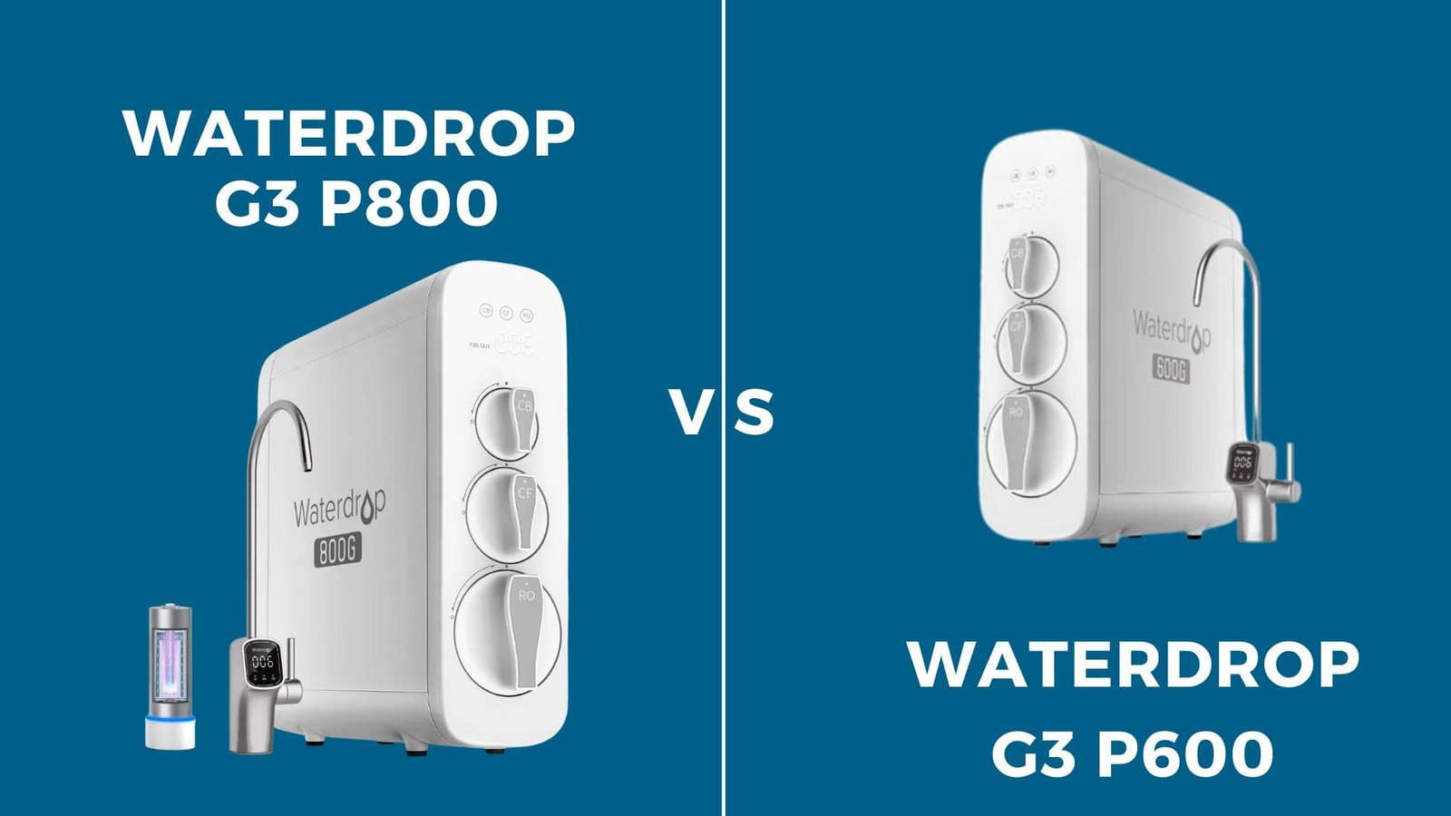 Waterdrop G3 reverse osmosis system comparison highlighting model differences in design, display, and features.
