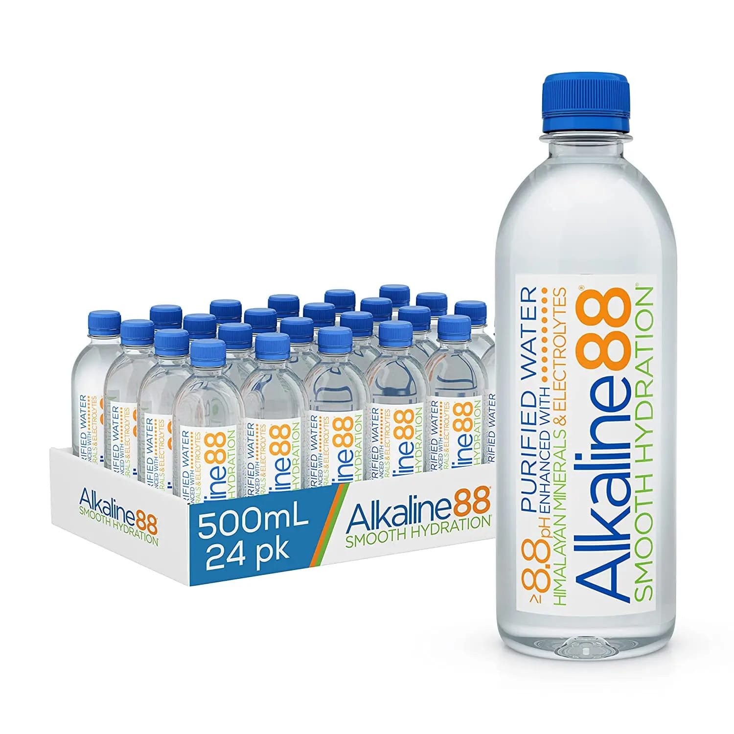 Alkaline88 24-pack water: 500mL bottles, blue caps, pH 8.8, pure hydration.