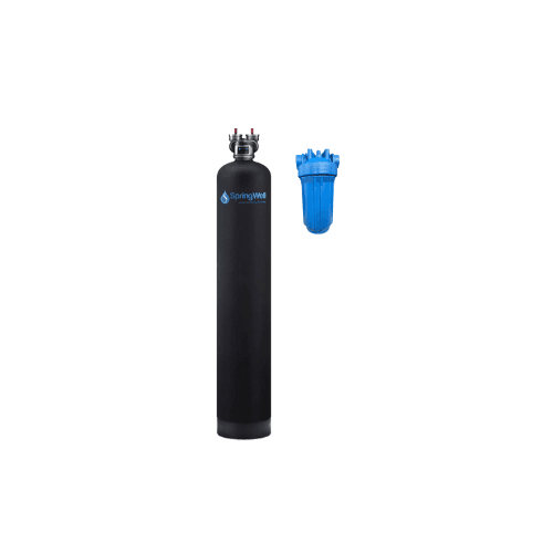 Whole house water filter system featuring black cylinder by [Brand] and blue filter housing component.