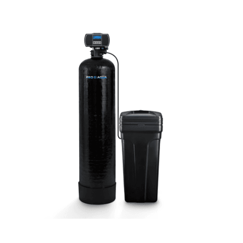Whole house water filter and softener system with sleek black design features digital controls.