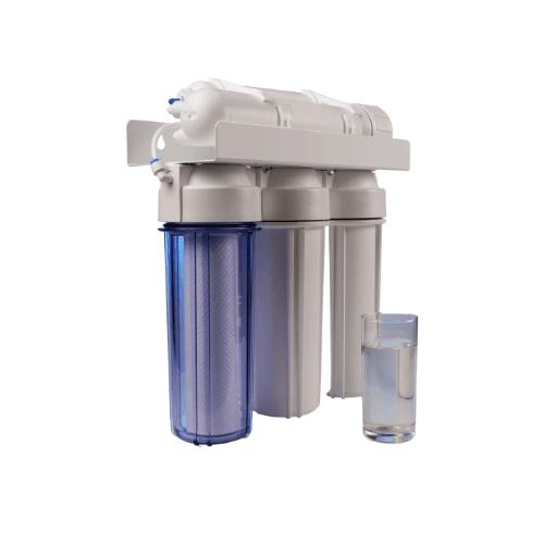 Whole House Water Filter system with four filtration stages, transparent housing, and half-filled glass of water.
