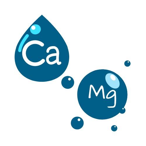 Reverse osmosis minerals design featuring stylized symbols for Calcium and Magnesium in water-themed shapes.