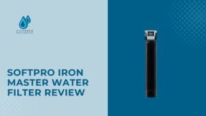 Softpro Iron Master sleek cylindrical water filter review with modern design elements and contrasting colors.