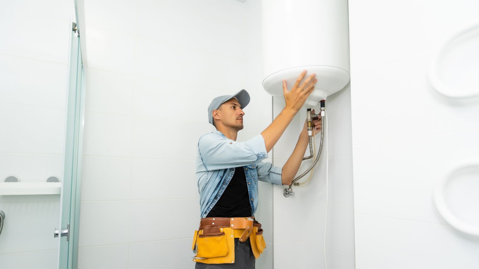 Water Bills Water heater repair in modern bathroom with technician adjusting cylindrical wall appliance.