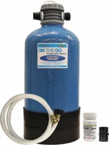 Apartment Water Softener featuring the On The Go Portable model in blue with essential components for use.