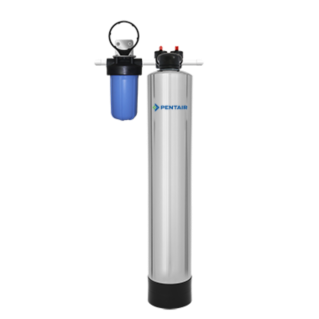 Apartment water softener featuring Pentair filtration system with sleek silver tank and blue pre-filter unit.