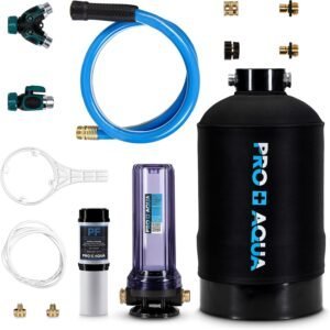 Apartment Water Softener Proaqua comprehensive filtration kit with PRO+AQUA tank, transparent filter housing, blue hose.