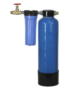 Apartment water softener system featuring US Water Escort blue filtration tanks and sediment filter components.