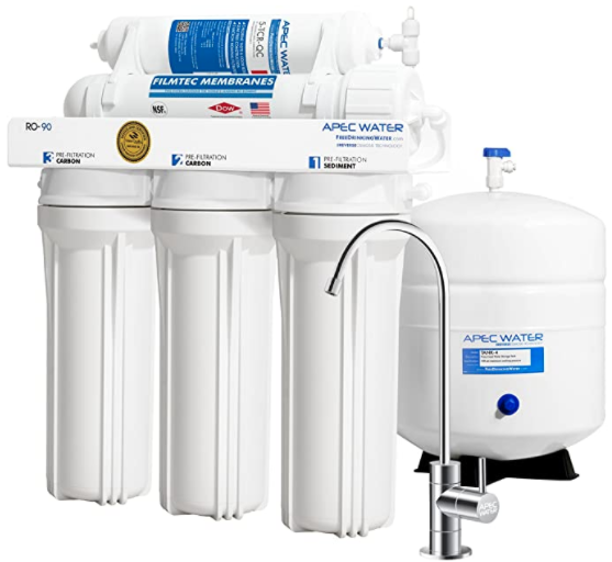 Apec Water Systems Apec Ro 90 reverse osmosis filtration system with pre-filters, membrane, tank, and faucet.