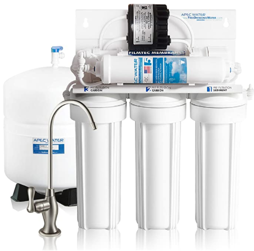 Apec Water Systems Apec RO Perm home water filtration setup with filtration canisters, pump, tank, and faucet.