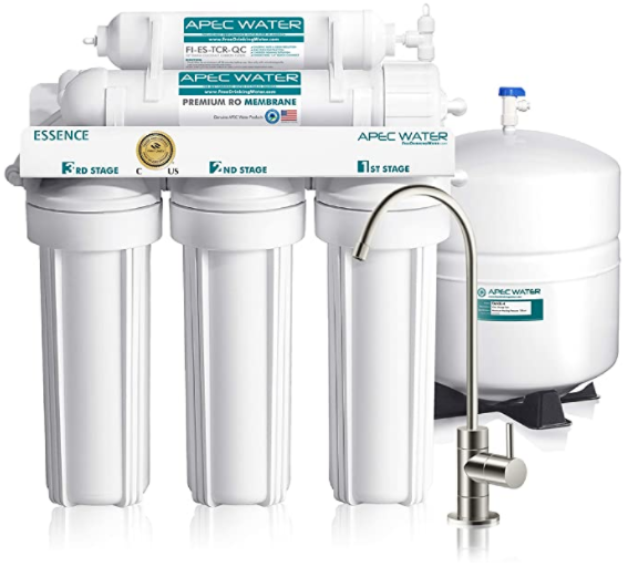 Apec Water Systems Apec Roes 50 reverse osmosis filtration system with multi-stage filters and modern faucet.