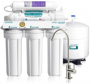 Apec Water Systems Apec Roes Ph75 reverse osmosis filtration unit with faucet and storage tank.