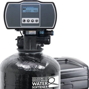 Aquasure water softener AS HS48FM system featuring sleek design with Aquasure brand and digital control panel.