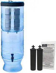 Berkey water filters filtration system featuring blue reservoir, attached spigot, and cylindrical black filters.