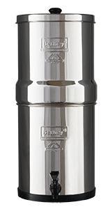 Best gravity water filters Big Berkey stainless steel system with dual-chamber design and dispensing spigot.