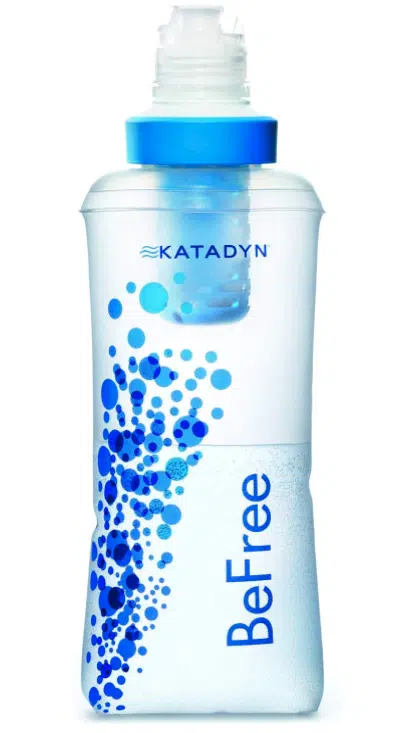 Best gravity water filters Katadyn BeFree bottle with blue bubble design, clear body, and filtration cap.