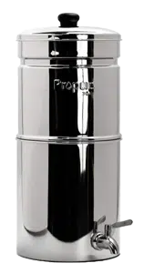 Best Gravity Water Filters Propur Big featuring sleek stainless steel design with spigot and branded engraving.