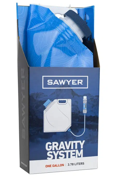 Best gravity water filters Sawyer Gravity System packaging showing one-gallon collapsible container for outdoor use.