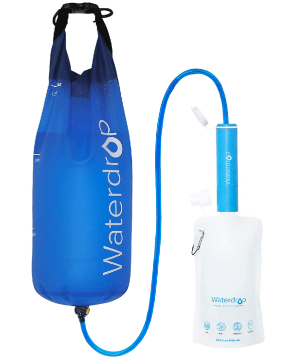 Best gravity water filters Waterdrop portable system showing blue reservoir and white filtered water bag.