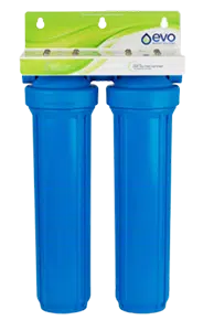 Best salt free water softener Evo Water Systems twin blue filter cartridges with retail packaging design.