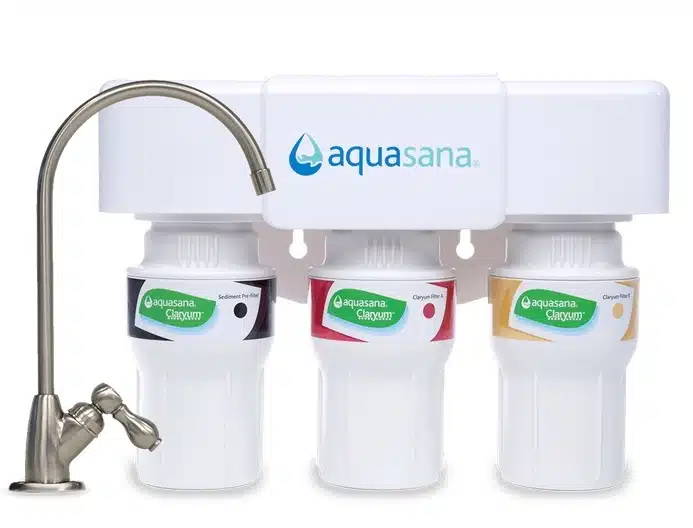 Best water filters featuring Aquasana 3-stage filtration system with distinct colored cartridges and sleek faucet.
